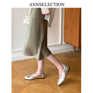 ANN法式小众芭蕾鞋2024春季新款一字带真皮平底单鞋银色玛丽珍鞋