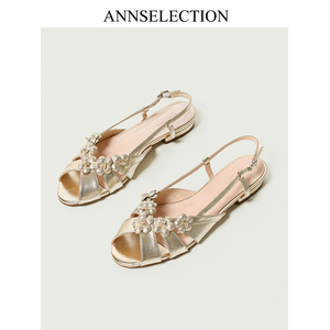 ANN法式复古镂空露趾女鞋2024夏季新款金色花朵一字带平底凉鞋女
