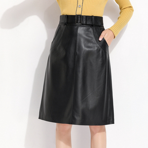 高腰真皮皮裙女中长款 纯皮垂坠感小羊皮a字裙 腰带赫本风半身裙