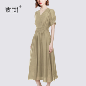 夏季v领泡泡袖收腰显瘦长裙高级感女神范连衣裙女魅斑服饰旗舰店39
