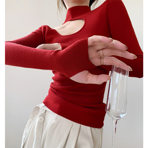 秋冬季针织女上衣修身打底衫镂空性感小心机设计感高级感气质毛衣