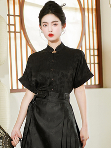 马面裙上衣新中式国风短袖黑色衬衫2024年夏新款古风立领对襟衬衣