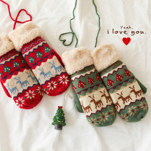 小鹿与树 全指毛线手套冬女韩版可爱圣诞节礼物学生加绒连指手套