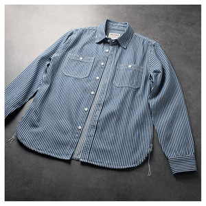 高品质2019春季新款蓝色竖条纹男式衬衫美式复古工装长袖薄外套