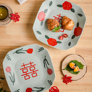 结婚礼物原创手工复古喜盘陶瓷果盘摆盘餐具送新人伴手礼高档实用
