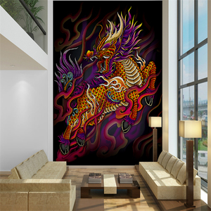 麒麟纹身墙纸纹身店壁纸背景墙布壁画刺青工作室装修装饰背景布