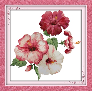 正方形简约大朵芙蓉花印花十字绣新款办公室客厅玄关餐厅手工线绣
