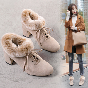 2023冬季新款韩版兔毛粗跟雪地靴中跟短靴绑带女靴子毛毛鞋马丁靴