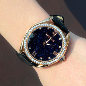 璀璨星空女士手表 女表时尚潮流女真皮带防水 学生石英钢表镶钻表