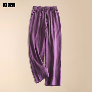 紫色纯亚麻七分裤女春夏季新款松紧腰高端棉麻直筒八分锥形女裤子