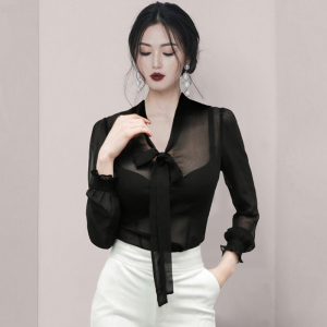 黑色雪纺衬衫女上衣2022夏季新款半透v领系带蝴蝶结透视网纱衬衣