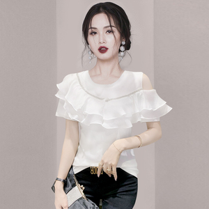 白色削肩不规则露肩短袖t恤女夏漂亮设计感荷叶边上衣小衫雪纺衫
