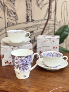 莫奈后花园出口 骨瓷浮雕紫色丁香花咖啡杯碟简约浮雕下午茶杯碟