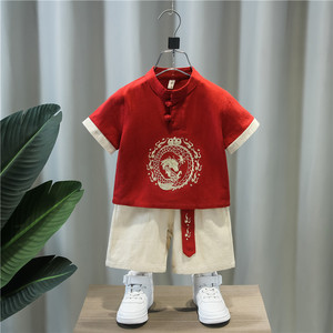 儿童日常汉服男童新中式国风唐装夏款女小童民族服装宝宝短袖套装