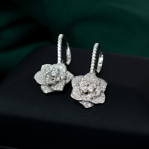 俊皇珠宝18k白金80分真钻耳扣 豪华满镶钻石耳环唯美玫瑰花耳钉女