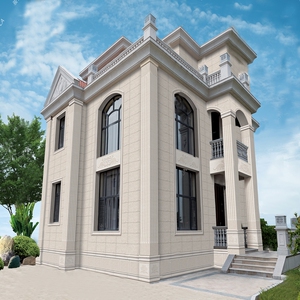 中国大陆新中式农村别墅自建房150x650弧形窗套线庭院罗马柱瓷砖