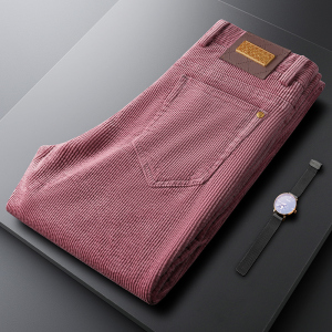 杰克查尔斯轻奢潮牌冬季粉色灯芯绒裤子男厚款男士休闲彩色条绒裤