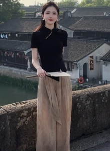 中式淳朴中年穿搭黑色系修身衬衫高腰阔腿裤套装2024夏季新款女