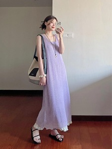 紫色针织无袖长裙搭配吊带裙两件套女夏休闲度假风宽松设计感套装