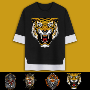 动物图案国潮牌老虎头夏季短袖t恤宽松ins学生男速干透气衣服大码