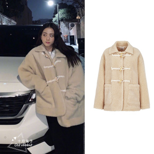 blackpink金智秀jisoo同款羊羔毛外套女冬学院风牛角扣大衣颗粒绒