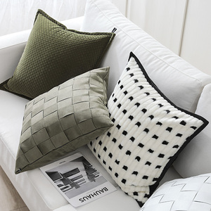 CS042橄榄绿皮绒手工编织格子北欧简约沙发抱枕靠垫样板间腰枕套