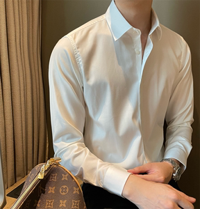 韩版扣式青年免烫方领白衬衣时尚学院风男士商务休闲纯色打底衬衫