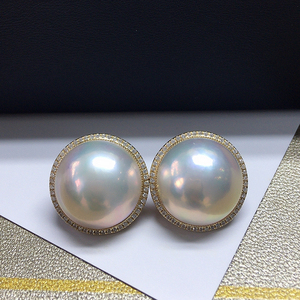 日本海水玛贝珍珠 18k金14-15mm白色镜面炫彩光马贝珍珠耳钉