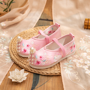 汉服女童鞋子春秋翘头粉中国风公主古装宝宝小孩表演跳舞老绣花鞋