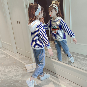 女童套装2019新款春装中大童韩版洋气时髦童装儿童条纹卫衣两