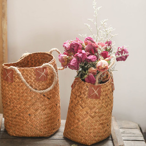 鸟与花家 手工麻绳双耳草编小花篮大小号美式乡村装饰篮编织篮子
