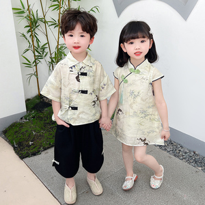 儿童夏女童幼儿园兄妹套装熊猫男童汉服中国风六一演出服表演服装
