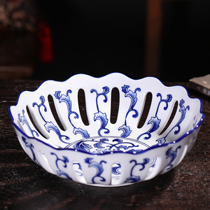 鼎众景德镇陶瓷器青花瓷镂空新中式古典水果盘家用大号创意零食盘