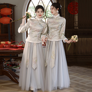 中式旗袍伴娘服2024新款夏季长袖高级感灰色姐妹团礼服裙夏天加厚