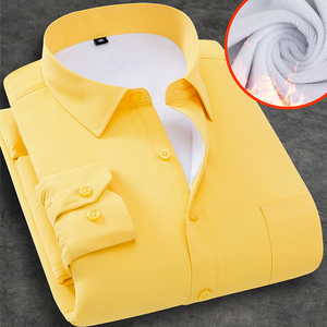 冬季加绒保暖衬衫男长袖时尚商务休闲加厚黄色衬衣男士打底衫棉衣