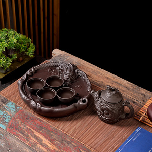 紫砂功夫茶盘茶海茶台茶具家用圆形茶盘茶托储水式小号干泡台龙盘