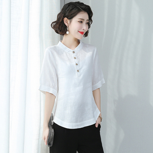 韩版女士棉麻上衣女夏短袖套头亚麻衬衫白色衬衣大码中袖t恤女装