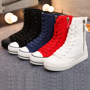 远步2020春新款长筒白色帆布鞋女孩韩版百搭侧拉链高帮鞋全黑单鞋