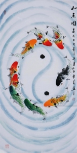 k1 四尺【199】写意花鸟 国画 太极九鱼图 鲤鱼 字画 手绘 有款竖