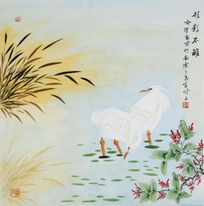 名家 喻继高 风格【10】工笔花鸟 国画 芦苇鹭鸟 手绘 四尺斗方