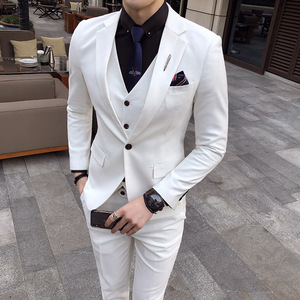 2018春装休闲西装三件套男新款纯白色西服套装男婚礼英伦西装礼服