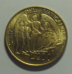 梵蒂冈 1997年 200里拉 ,【 天使为两个人指路 】纪念 铝青铜 币