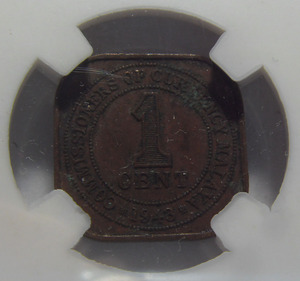 众藏评级 - AU 53 马来亚 1943年 1分 正方形 铜币 众藏评级AU 53
