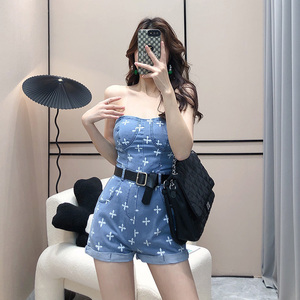 ins超火辣妹装十字印花性感抹胸牛仔连体裤女夏高腰修身连衣短裤