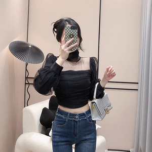 赫本风时尚气质堆堆领网纱衬衫上衣女显瘦短款透视锁骨打底衫衬衣