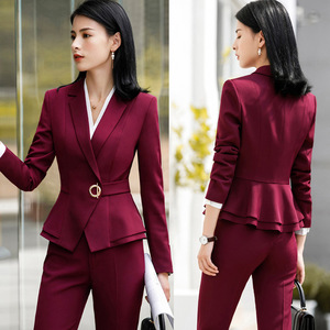 酒店经理职业装女装套装冬高端时尚女款西服2018新款酒红色工作服