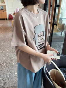 韩国东大门女装春季宽松显瘦植绒帽子刺绣字母人物落肩短袖T恤
