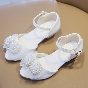 女童凉鞋夏季白色软底时尚小女孩高跟鞋蝴蝶结学生演出儿童公主鞋