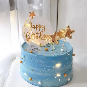铁艺月亮蛋糕装饰插牌带灯星星月亮生日蛋糕装饰摆件星月烘焙插件