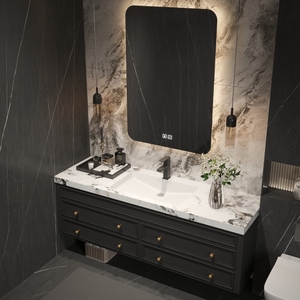 美式轻奢浴室柜组合实木洗脸池岩板洗手台盆卫生间法式复古洗漱台